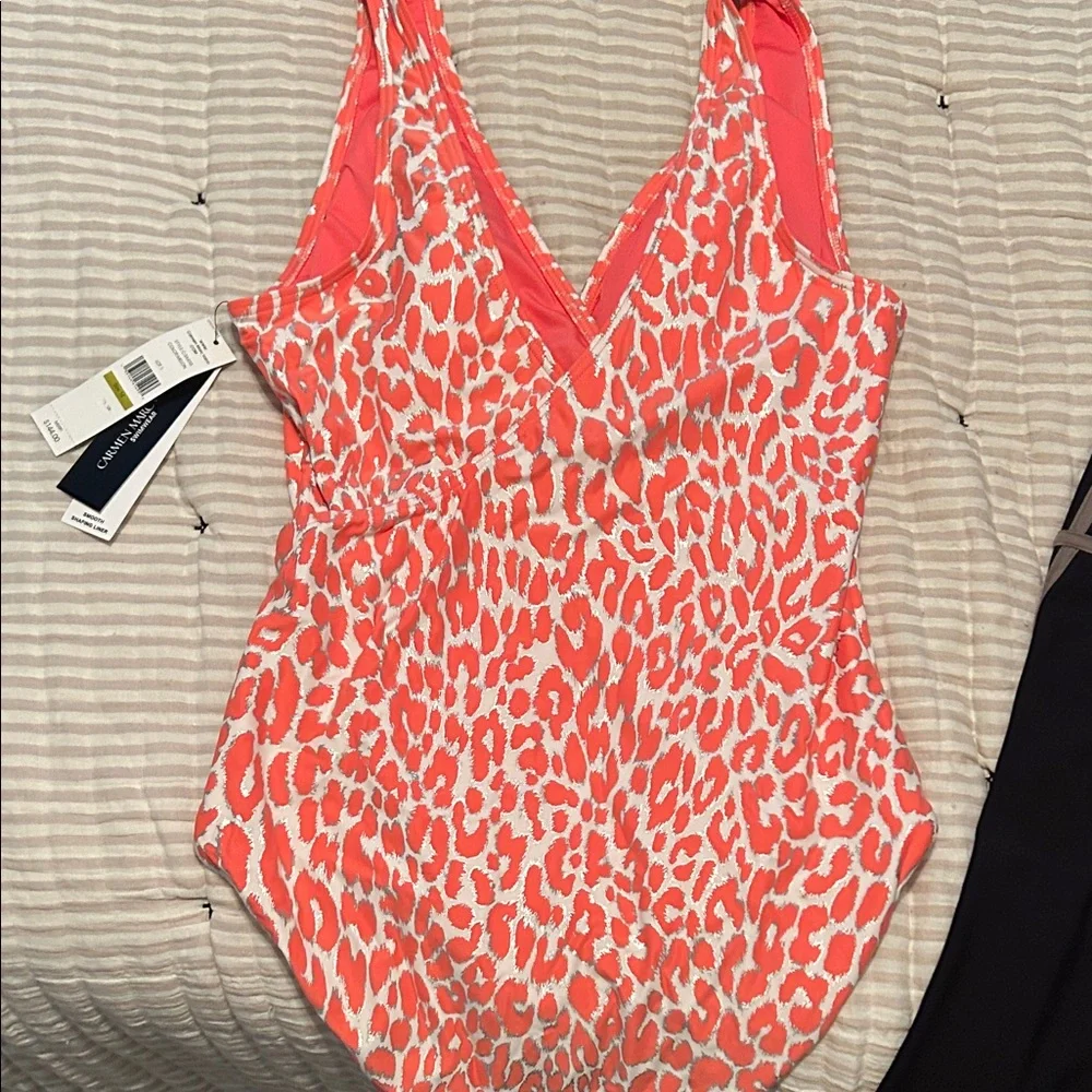 Vibrant Coral and White Patterned Swimsuit - Picture 2 of 6